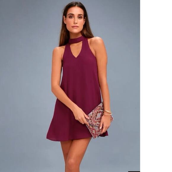 Lulus Size M Groove Thing Halter Mini Swing Dress Maroon Keyhole - Picture 1 of 4